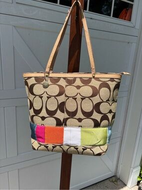 Coach Signature Multicolor Stripes Canvas Leather Trim Tote Bag Double Handles